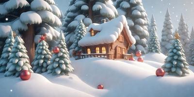 The primary subject of the image is a small wooden house covered in snow. The house is situated in a snowy landscape, surrounded by trees. The visual style of the image is a digital art or illustration, giving it a whimsical and charming appearance. The colors and mood of the image are predominantly white and cold, with the snow covering the house and trees creating a serene and peaceful atmosphere.
